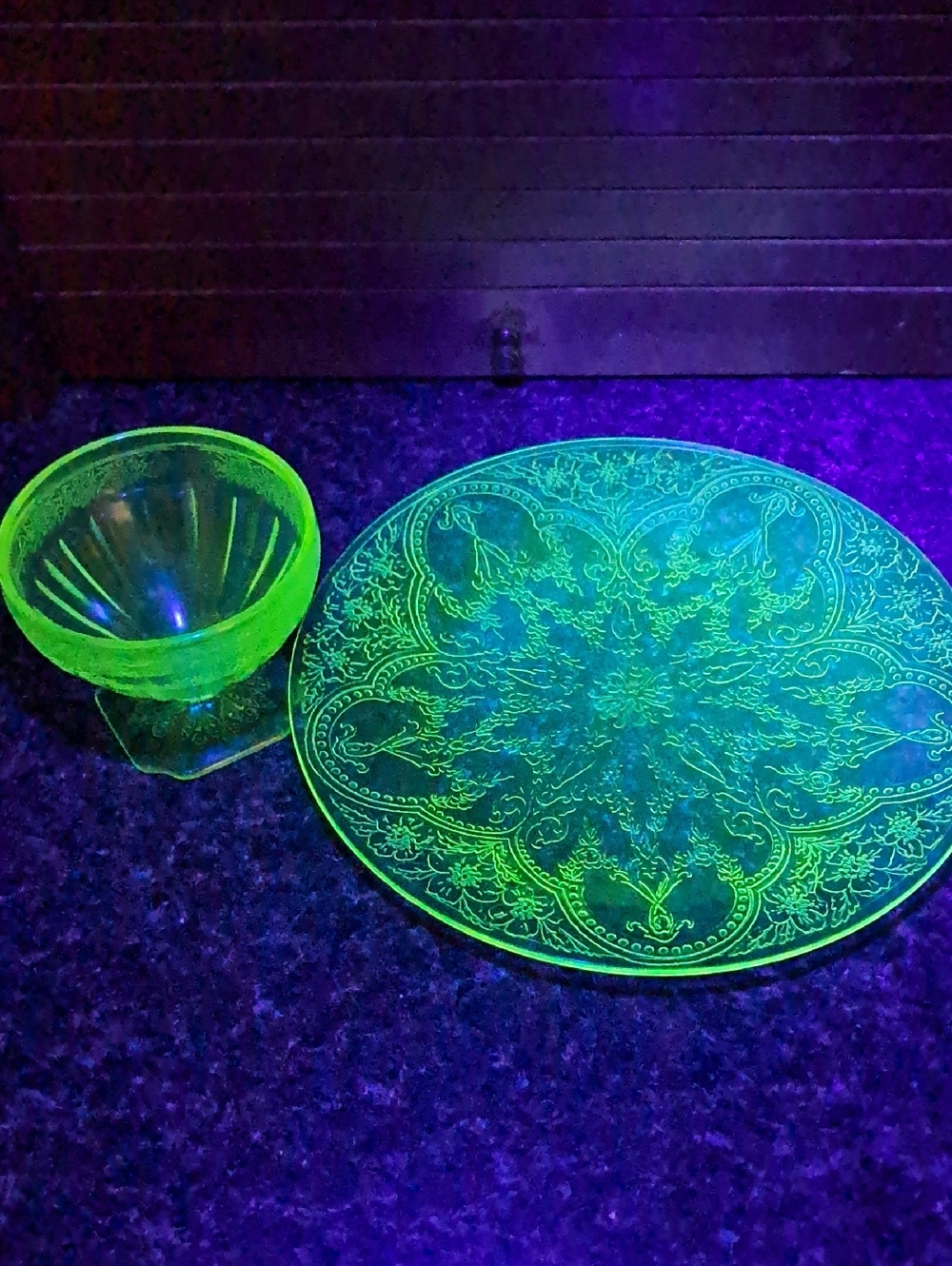 Uranium Glass Decorative Plate and Compote - Neon Green